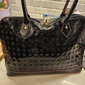 Arcadia Italian Bugatti Black/ Natural + Red Edges Patent LeatherSatchel Bag